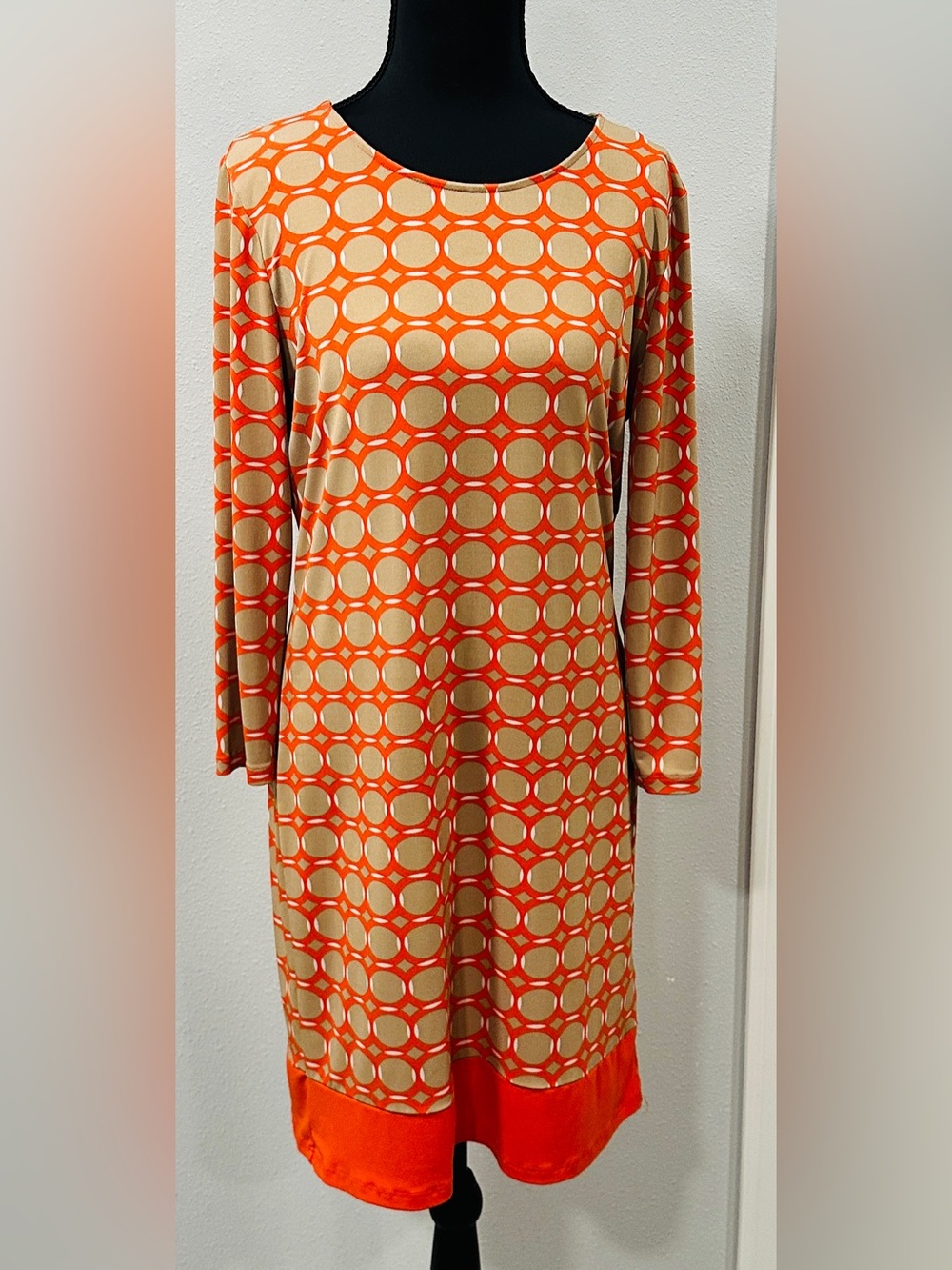 Michael Kors - Medium - Women's Orange Geo-Print Long Sleeve Dress